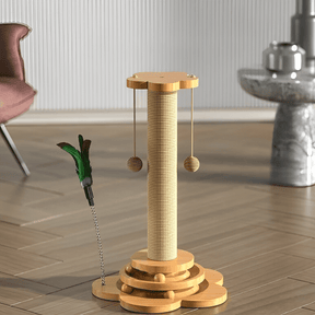 Arranhador Interativo 4 em 1 para Gatos – Bolinhas, Sisal, Varinha e Estímulo Mental