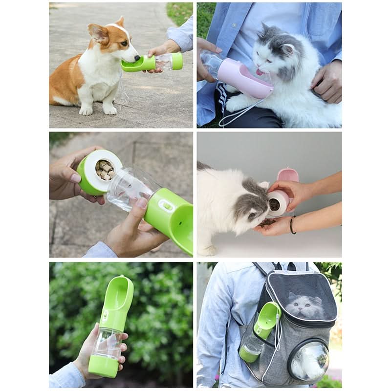 gato usando a garrafa portátil 2 em 1 para pets em ambiente externo