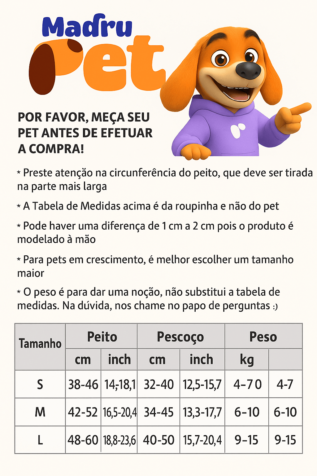 Guia de tamanhos do peitoral para cães Madrupet P M e G
