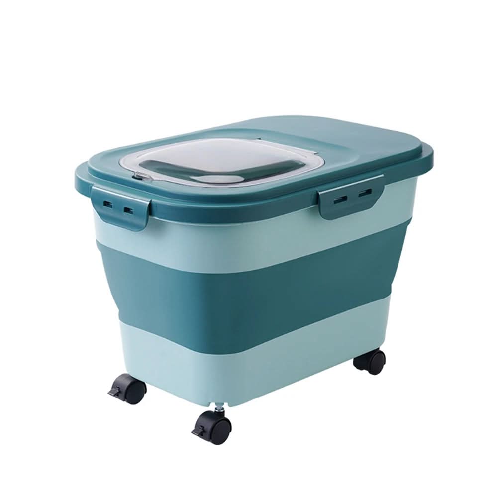 Visão lateral do armazenador prático de ração para pets, ideal para organização