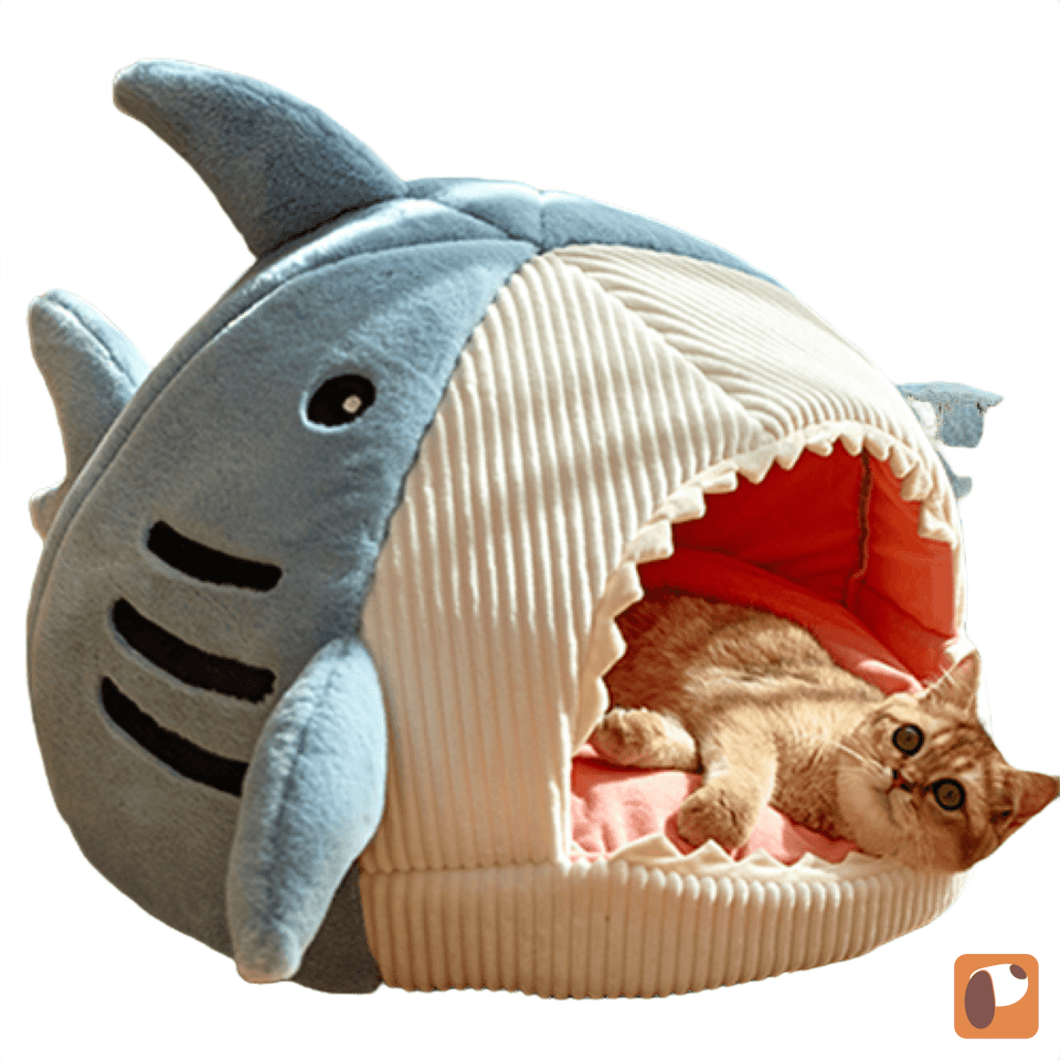 Cama toca tubarão cinza para pets, design aconchegante e macio ideal para descanso de cães e gatos