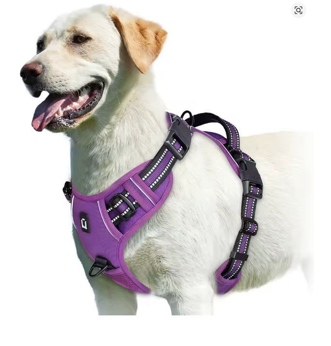 Vista lateral do peitoral anti puxão para cachorro com faixa refletiva para maior visibilidade