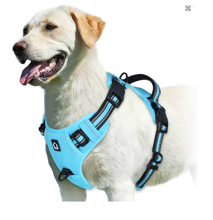 Peitoral anti puxão para cachorro com dupla argola, mostrando o ajuste no peito do animal