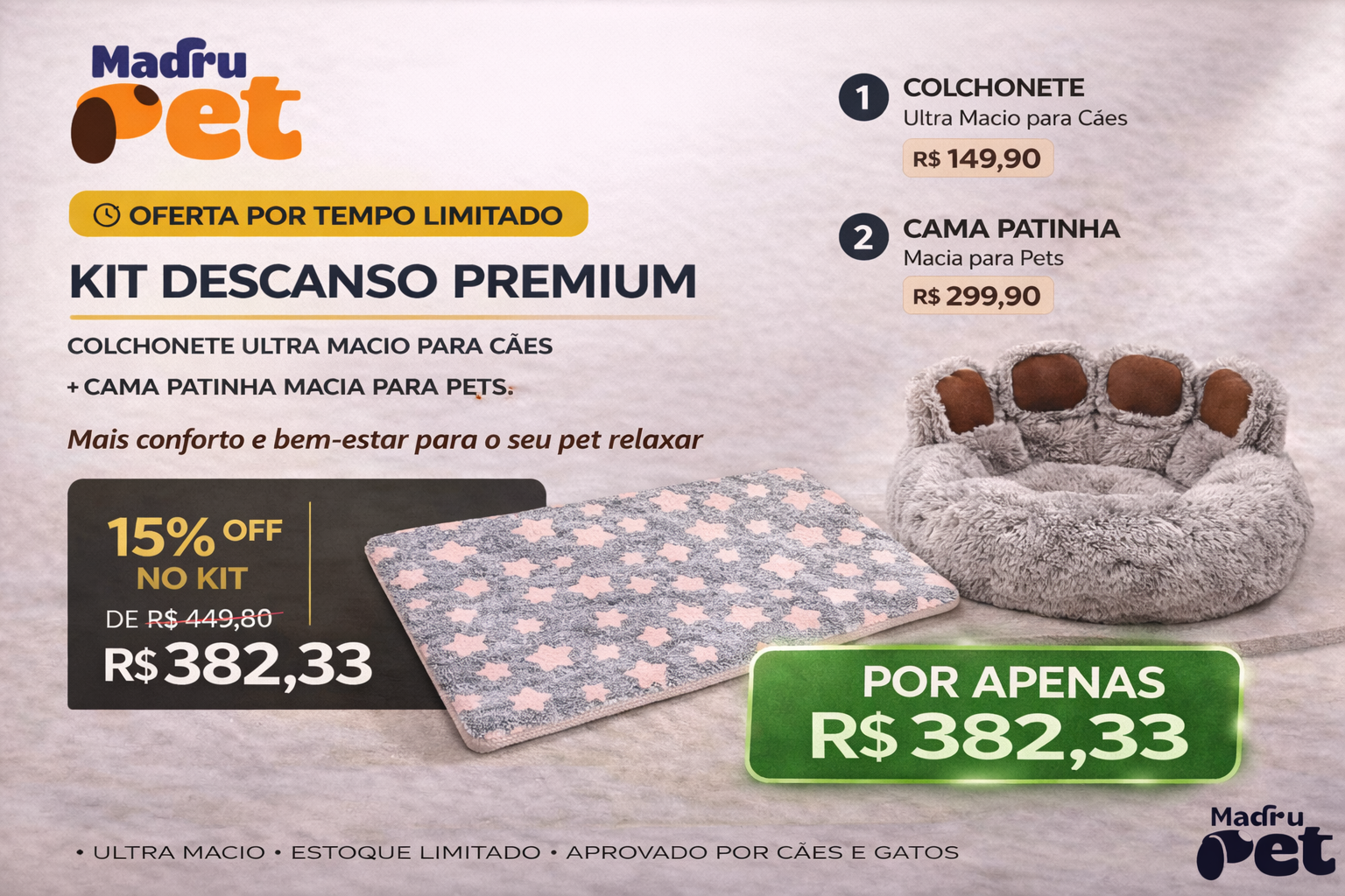 Kit Descanso Premium Madrupet com colchonete ultra macio e cama patinha macia para conforto de pets