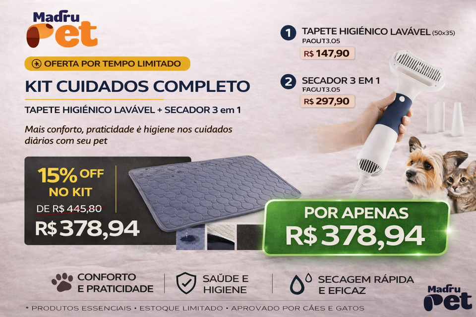 Kit Grooming Completo com secador 3 em 1 e tapete higiênico lavável para cuidados práticos de pets