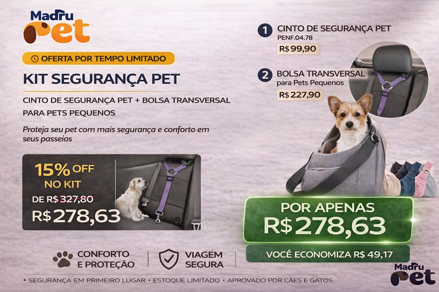 Cachorro usando cinto de segurança do Kit Viagem Segura Madrupet dentro do carro