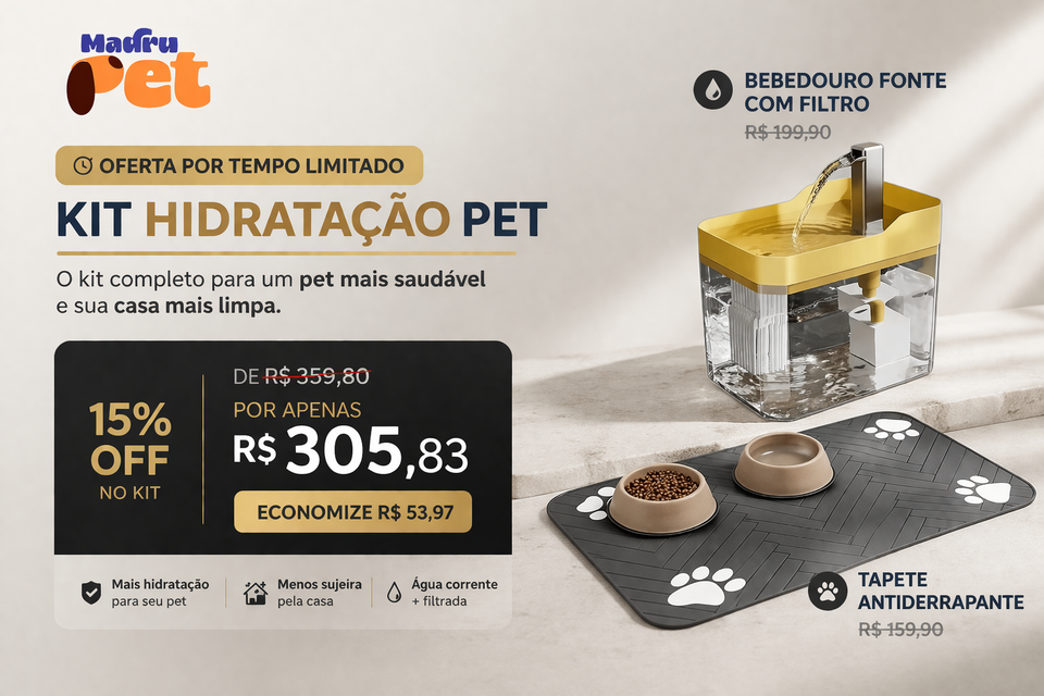 Kit Hidratação Pet com bebedouro fonte e tapete antiderrapante para cães e gatos