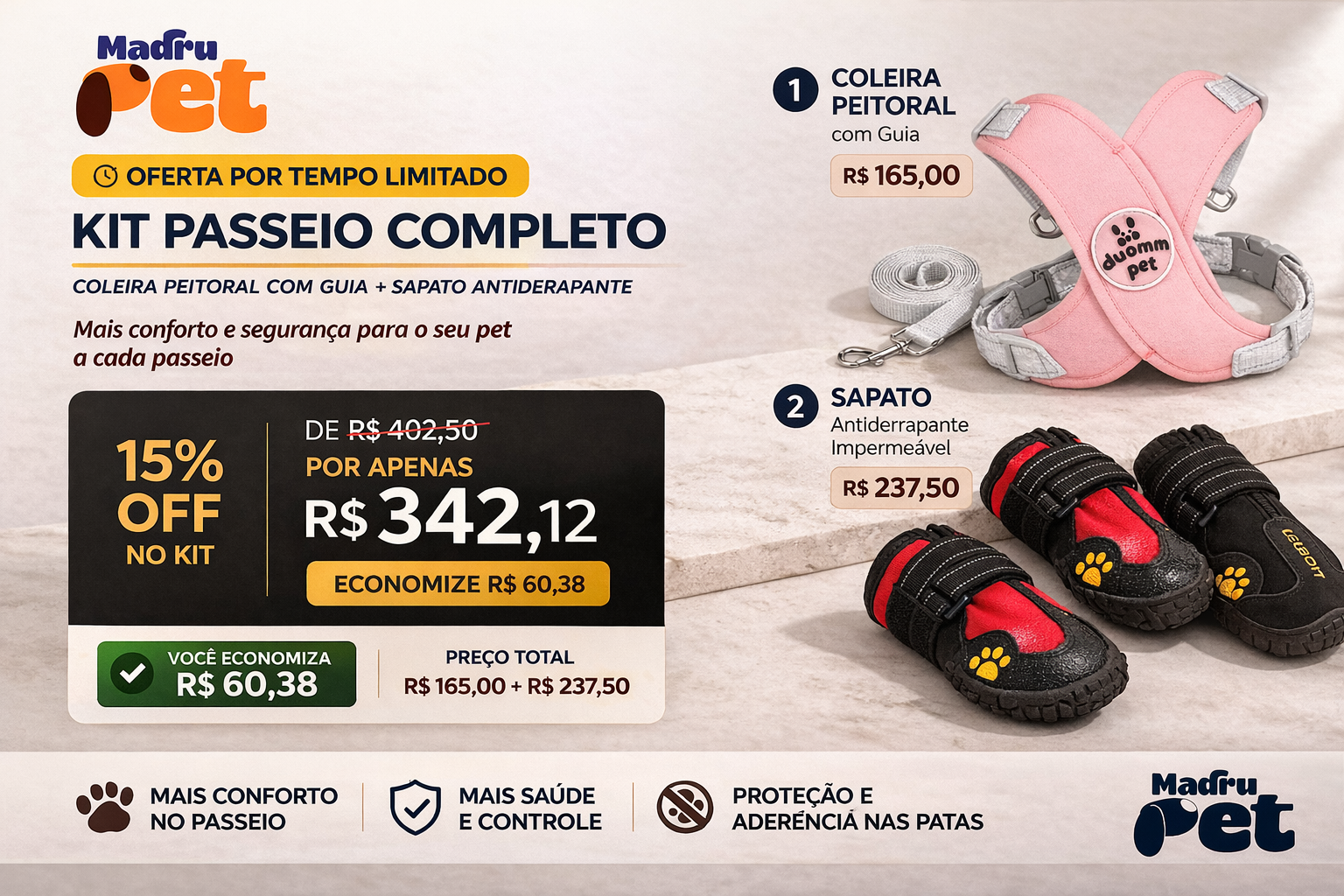 Cachorro usando kit passeio completo com coleira peitoral e sapato antiderrapante para segurança e conforto
