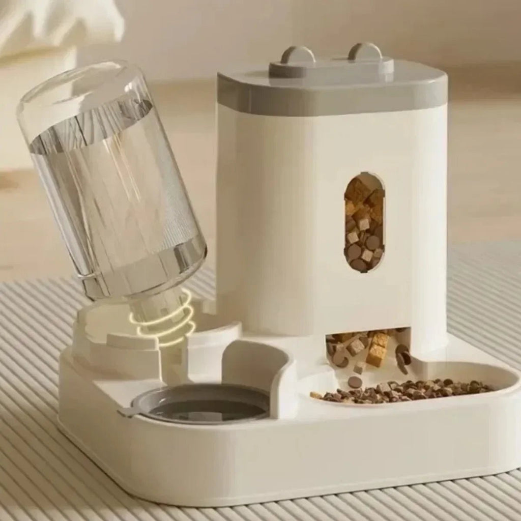cachorro utilizando alimentador automático para pets durante a noite com luz ambiente