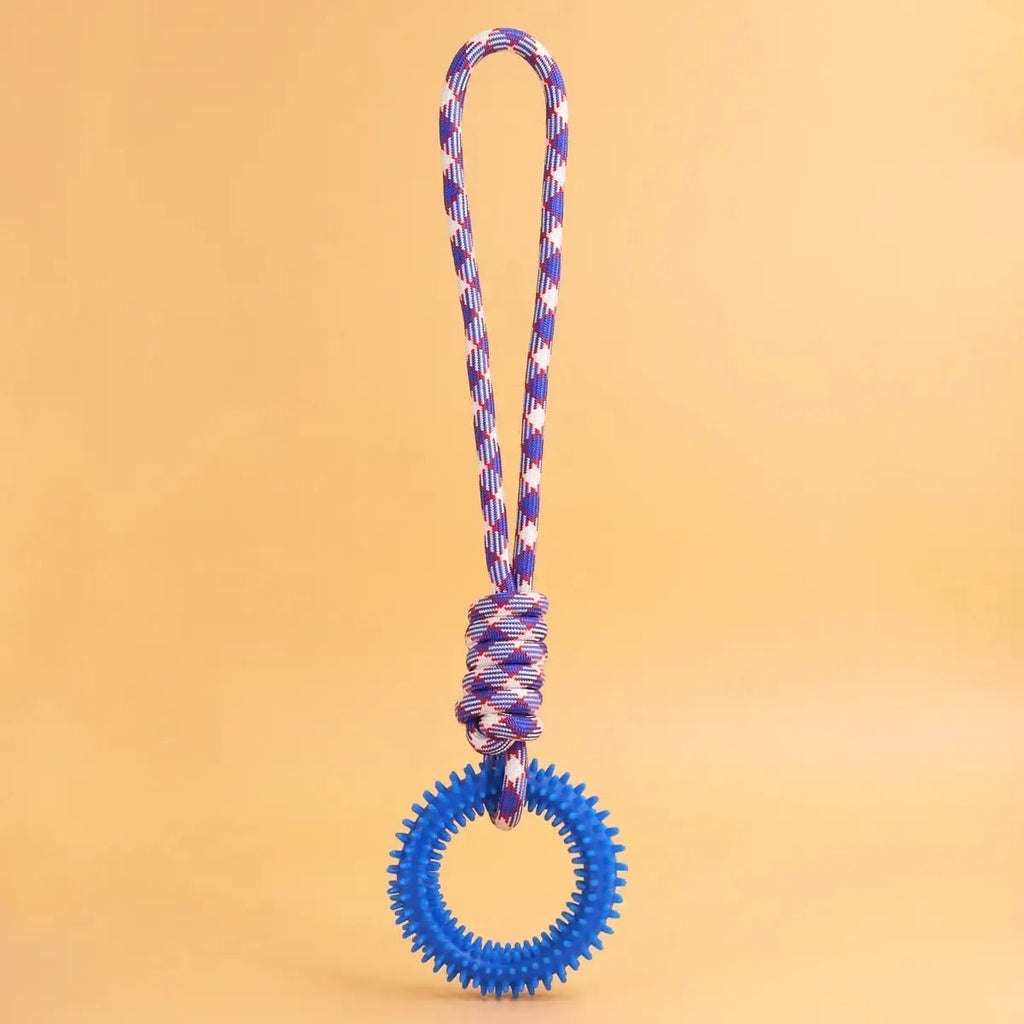 Cão mordendo brinquedo anel dental para limpeza dos dentes com logo Madrupet visível