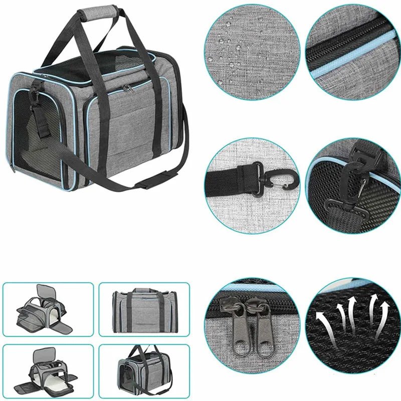 Detalhe da tela ventilada da bolsa de transporte para pets pequenos garantindo ventilação