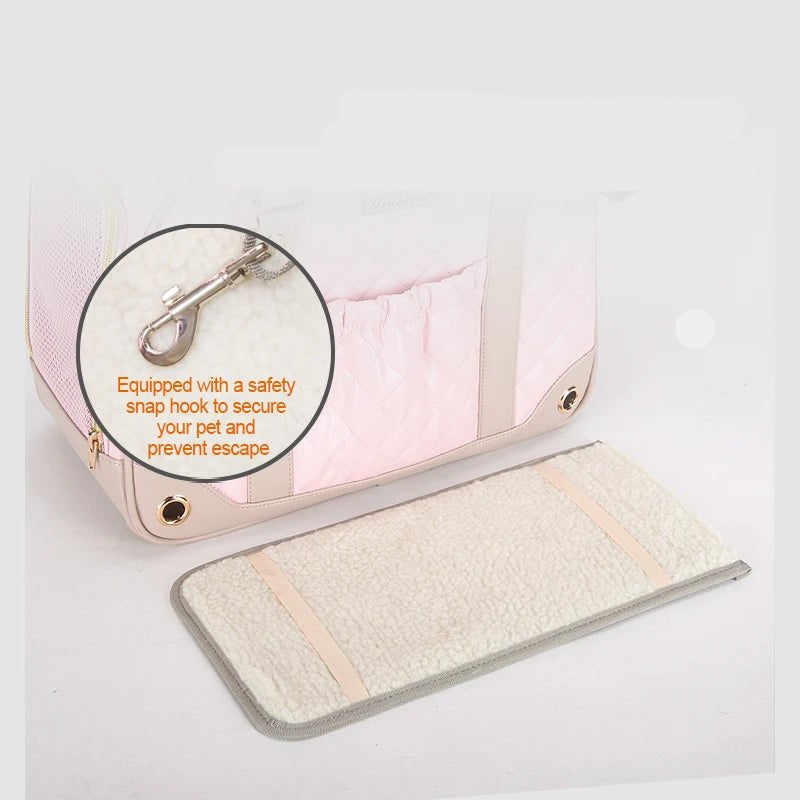 Vista lateral da bolsa pet anti fuga com alças ajustáveis para transporte prático