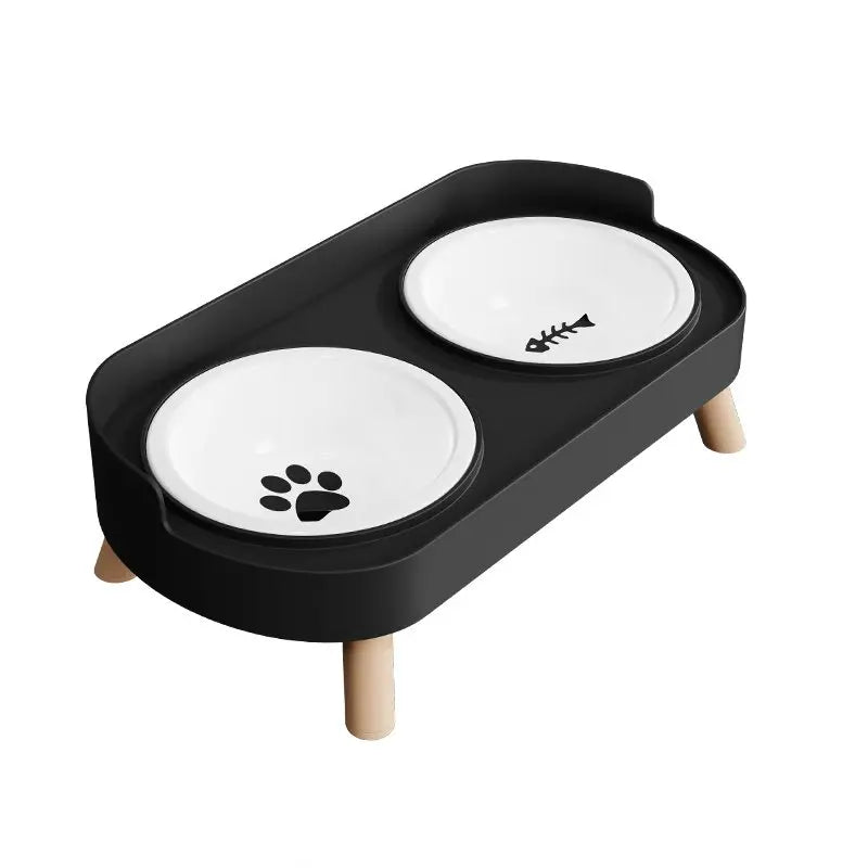 tigela dupla elevada para pets com suporte em madeira e tigelas de aço inox