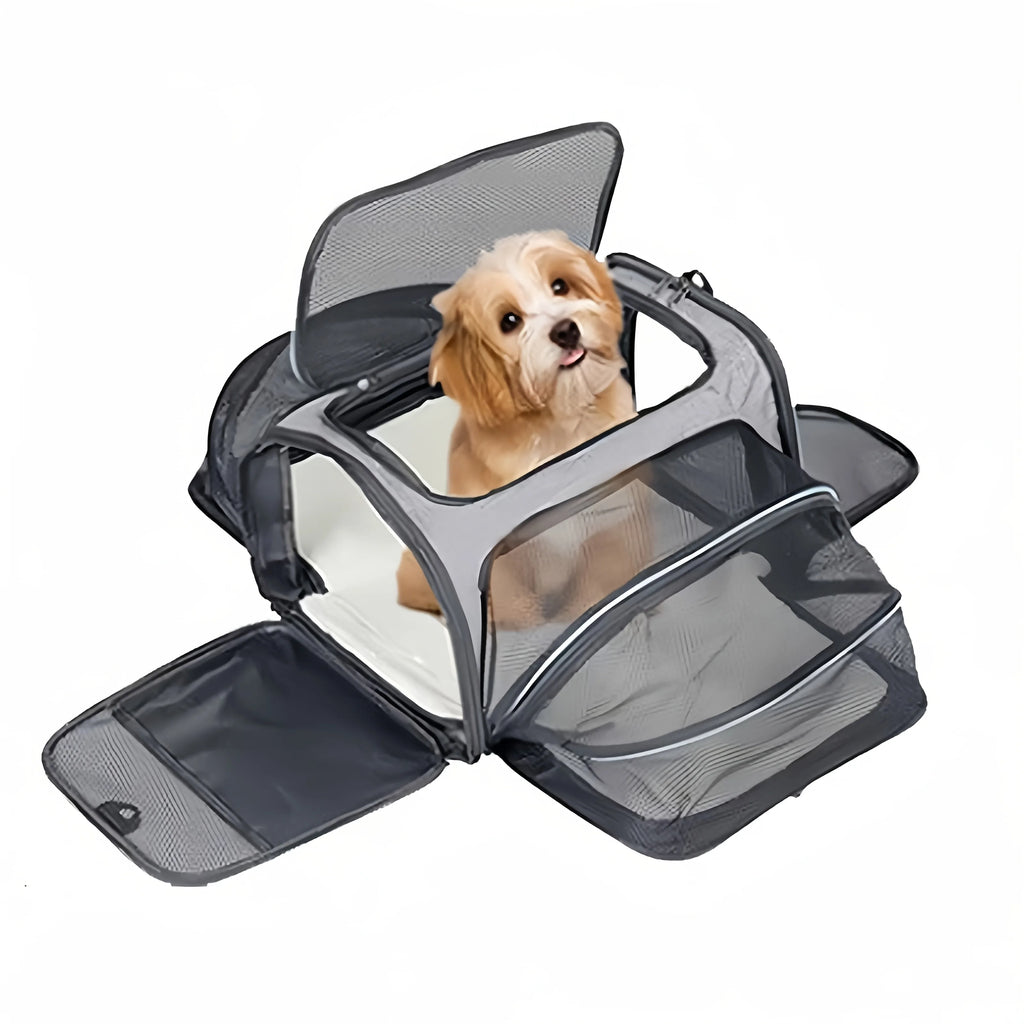 Bolsa de transporte para pets pequenos em cor azul com alça ajustável para facilitar o transporte