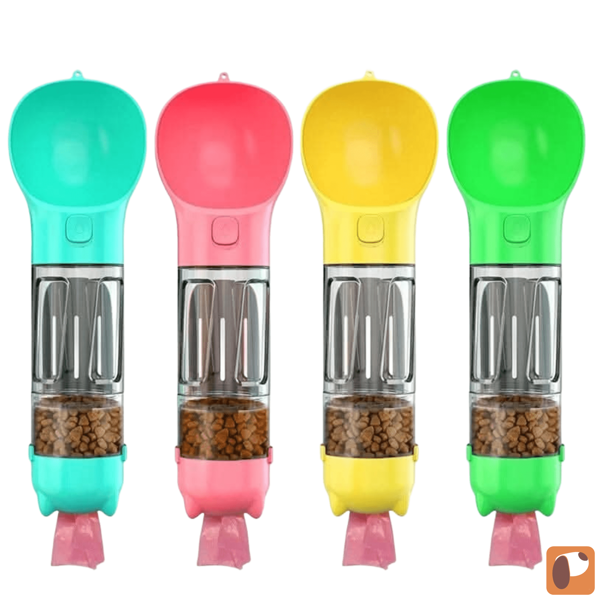 Garrafa portátil 3 em 1 para pets com compartimentos para água, ração e saquinhos, ideal para passeios