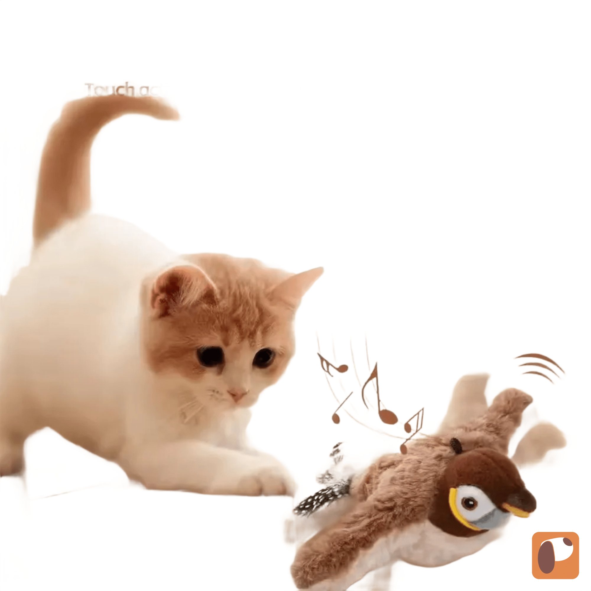 Gato brincando com brinquedo passarinho interativo que emite som e movimenta as asas