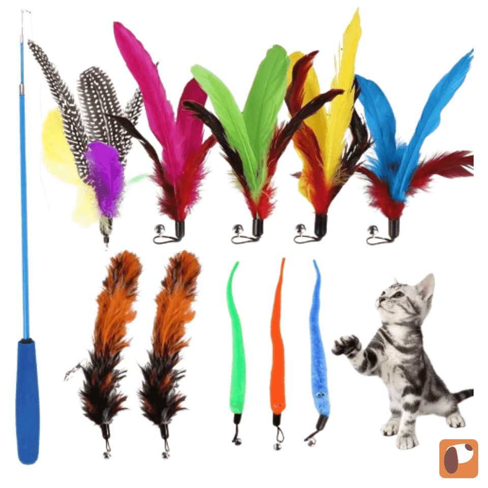 Kit completo para gatos com 11 brinquedos de caça, incluindo varinha, penas e bolinhas para diversão garantida