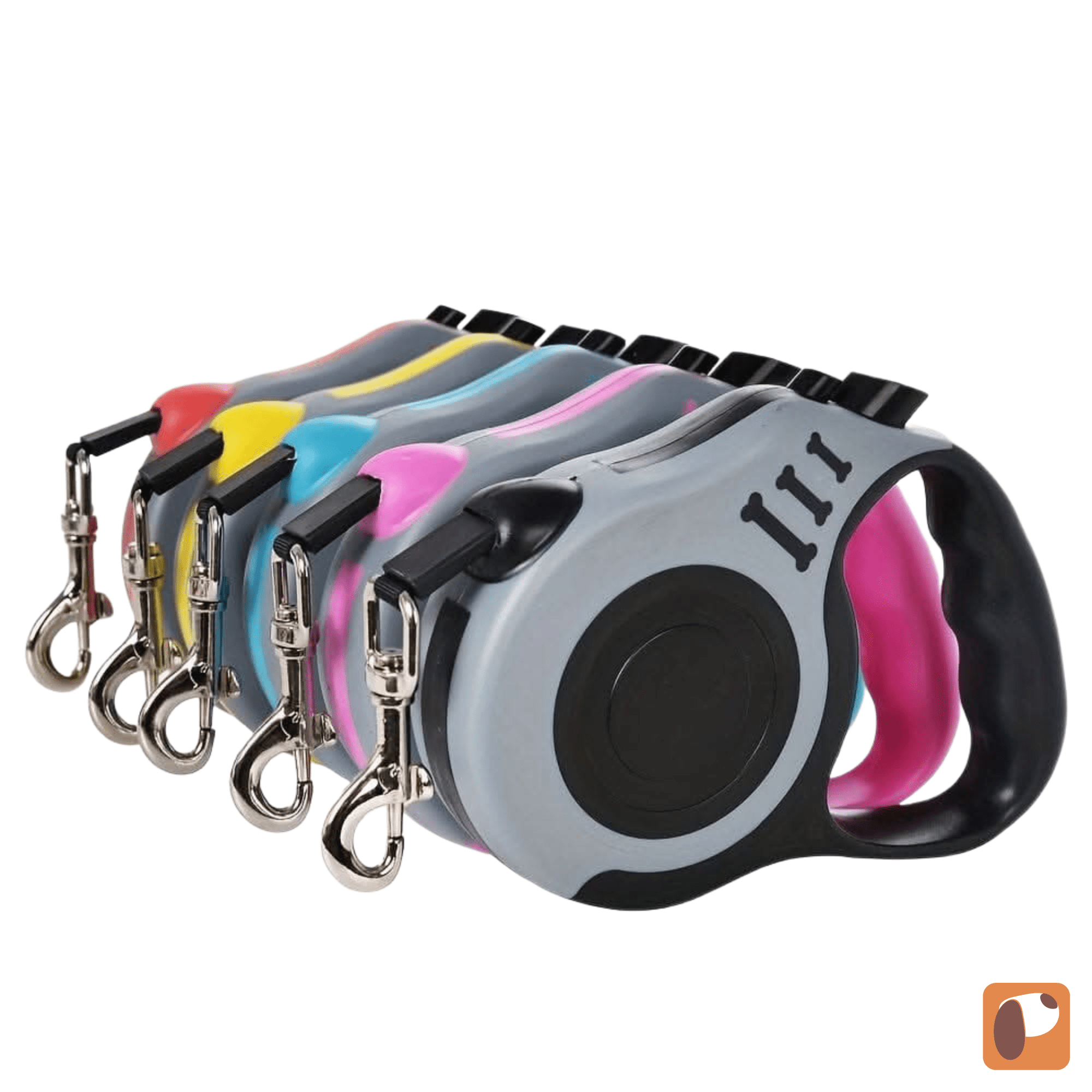 Guia retrátil para cães com pega ergonômica em uso durante passeio no parque