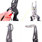 Detalhe do corte preciso do alicate multifuncional para pesca esportiva em aço inox