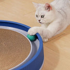 Gato brincando com arranhador para gatos com bolinhas giratórias em ambiente de sala