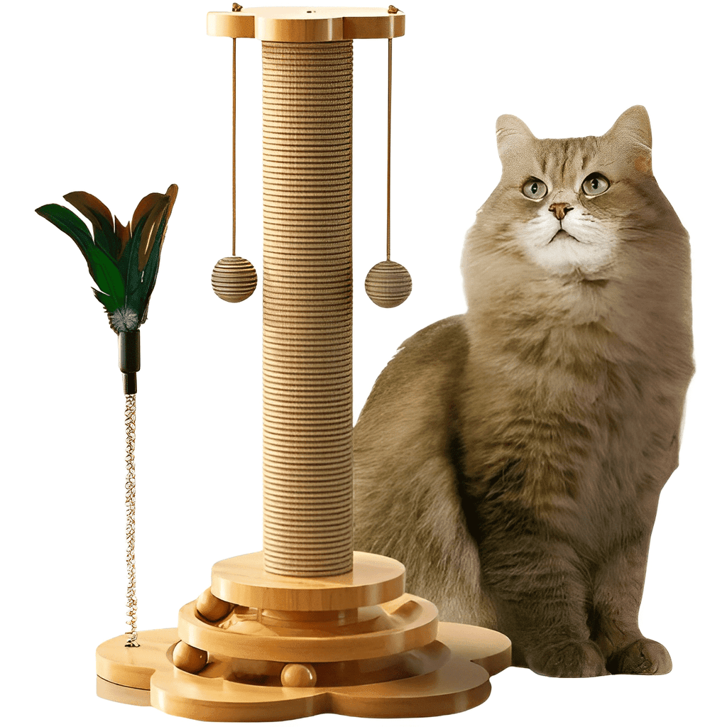 Arranhador interativo 4 em 1 para gatos em ambiente de sala, destacando design funcional e divertido