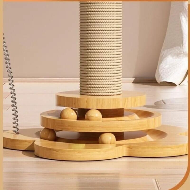 Arranhador para gatos 4 em 1 em ângulo lateral mostrando estrutura compacta para espaços pequenos