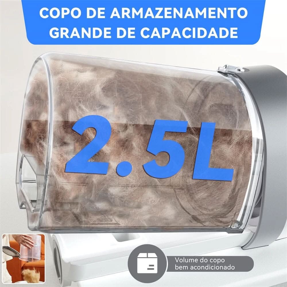 Aspirador 7 em 1 para pets Madrupet em cor branca com acessórios organizados ao lado