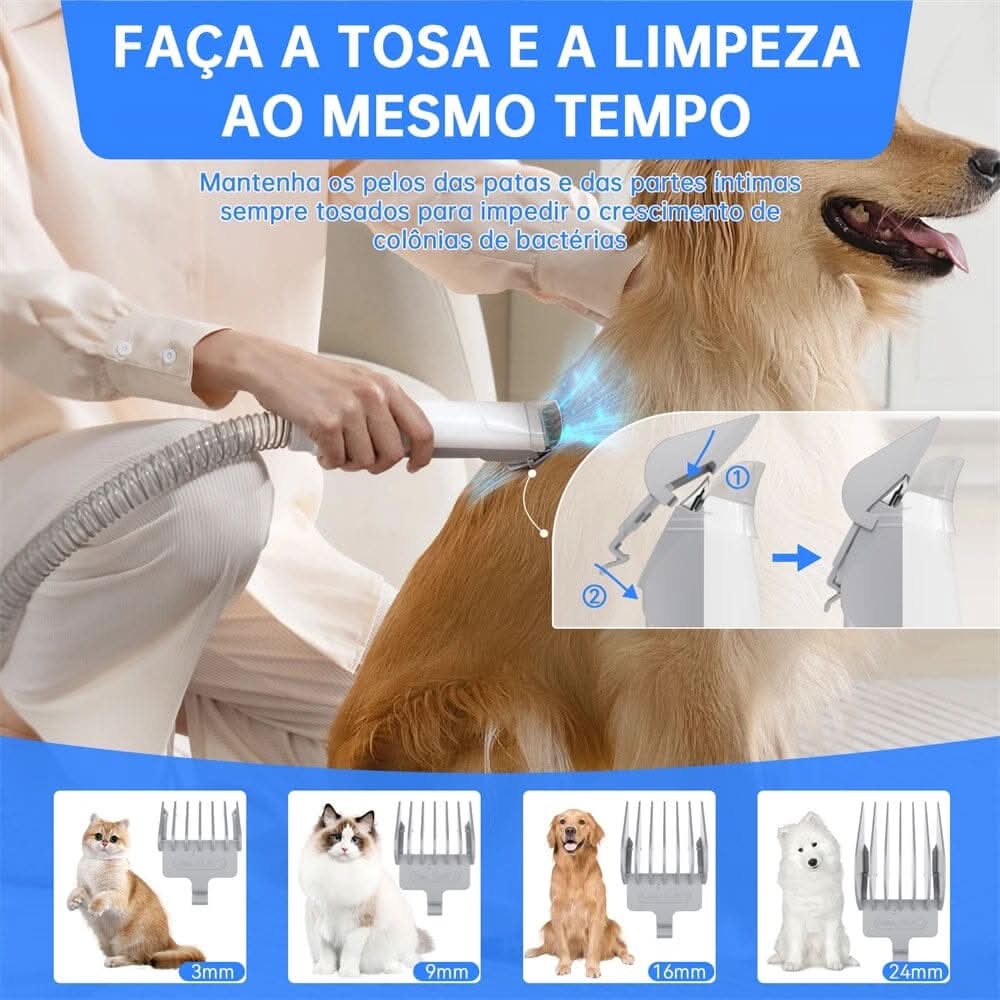 Cachorro sendo tosado com aspirador 7 em 1 para pets garantindo limpeza e conforto durante o uso