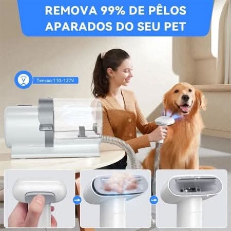 Uso do aspirador 7 em 1 Madrupet para cães em ambiente doméstico com piso limpo e animal tranquilo