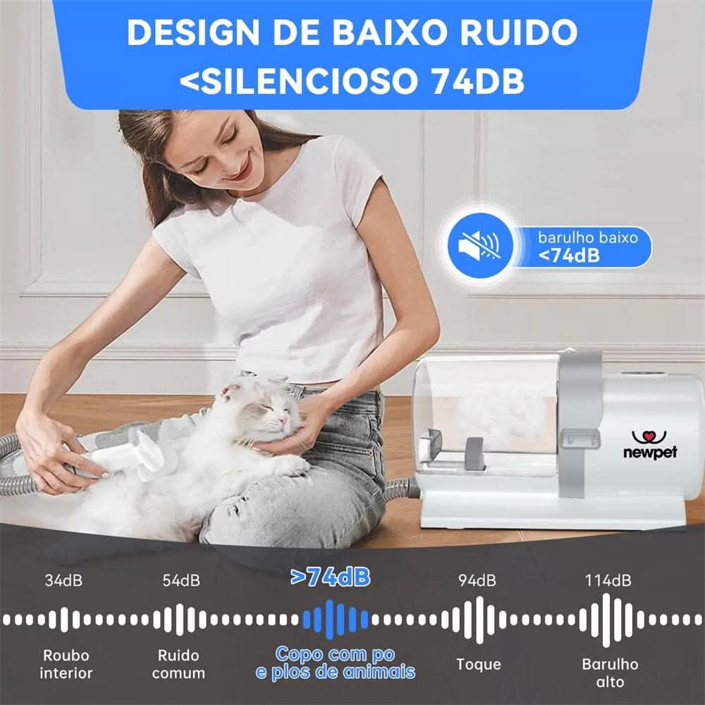 Visão lateral do aspirador 7 em 1 para pets com foco na alça ergonômica e botões de controle