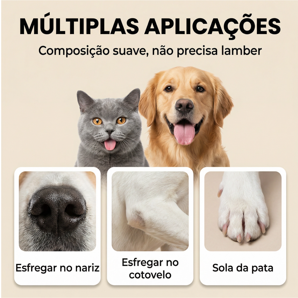 Cão recebendo aplicação do bálsamo hidratante para patas e focinho para cuidado e proteção