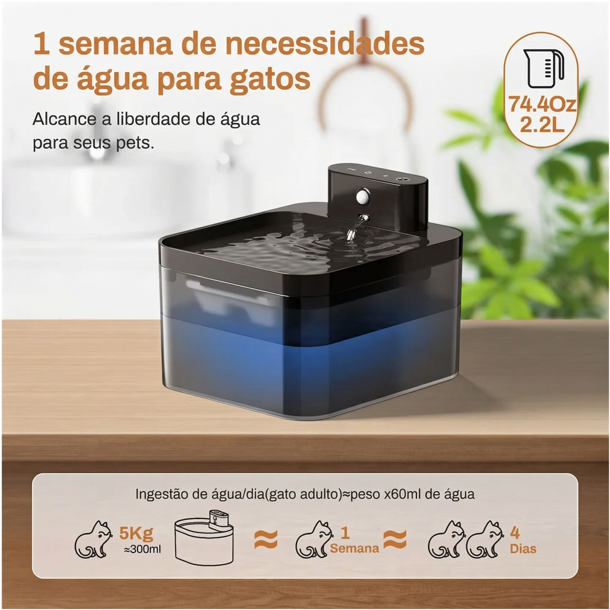 Gato bebendo água na fonte PetFlow 2.2L com sensor automático, garantindo água fresca e filtrada