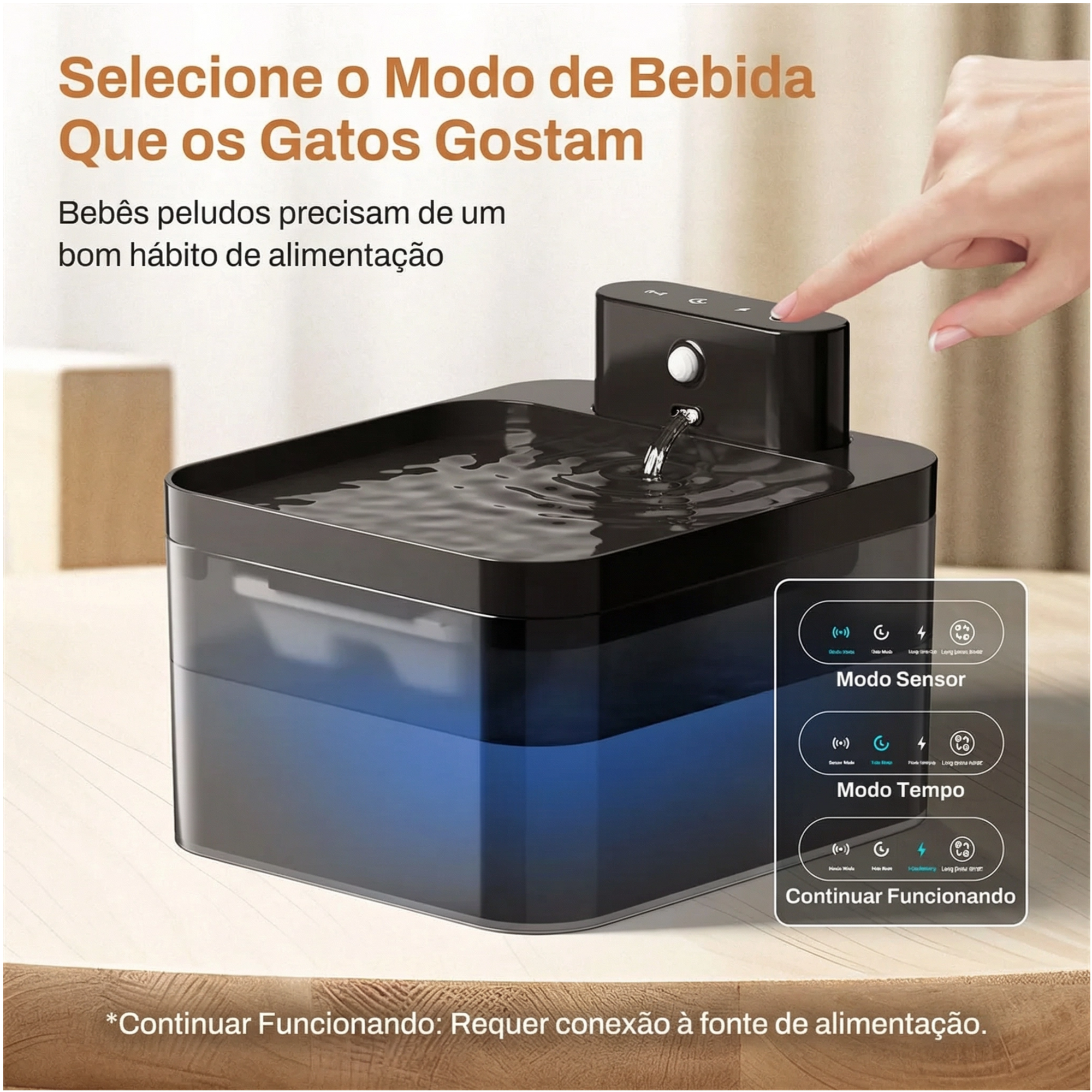 Detalhe do sensor e timer da fonte de água PetFlow 2.2L, facilitando o controle da hidratação do pet