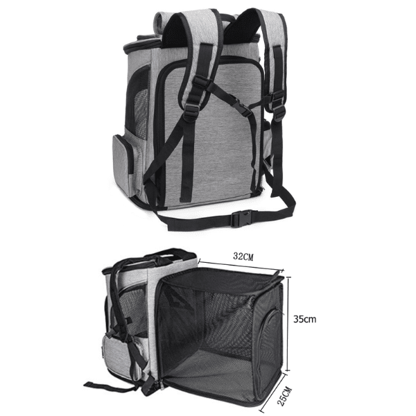 Bolsa de transporte para gatos em cor cinza com área expansível aberta mostrando espaço extra