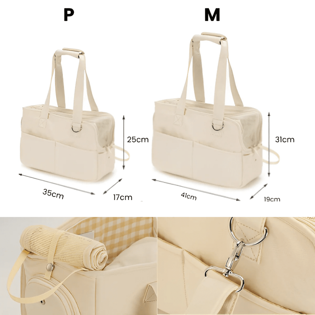 Bolsa de transporte pet em cor cinza com acabamento premium e zíper reforçado