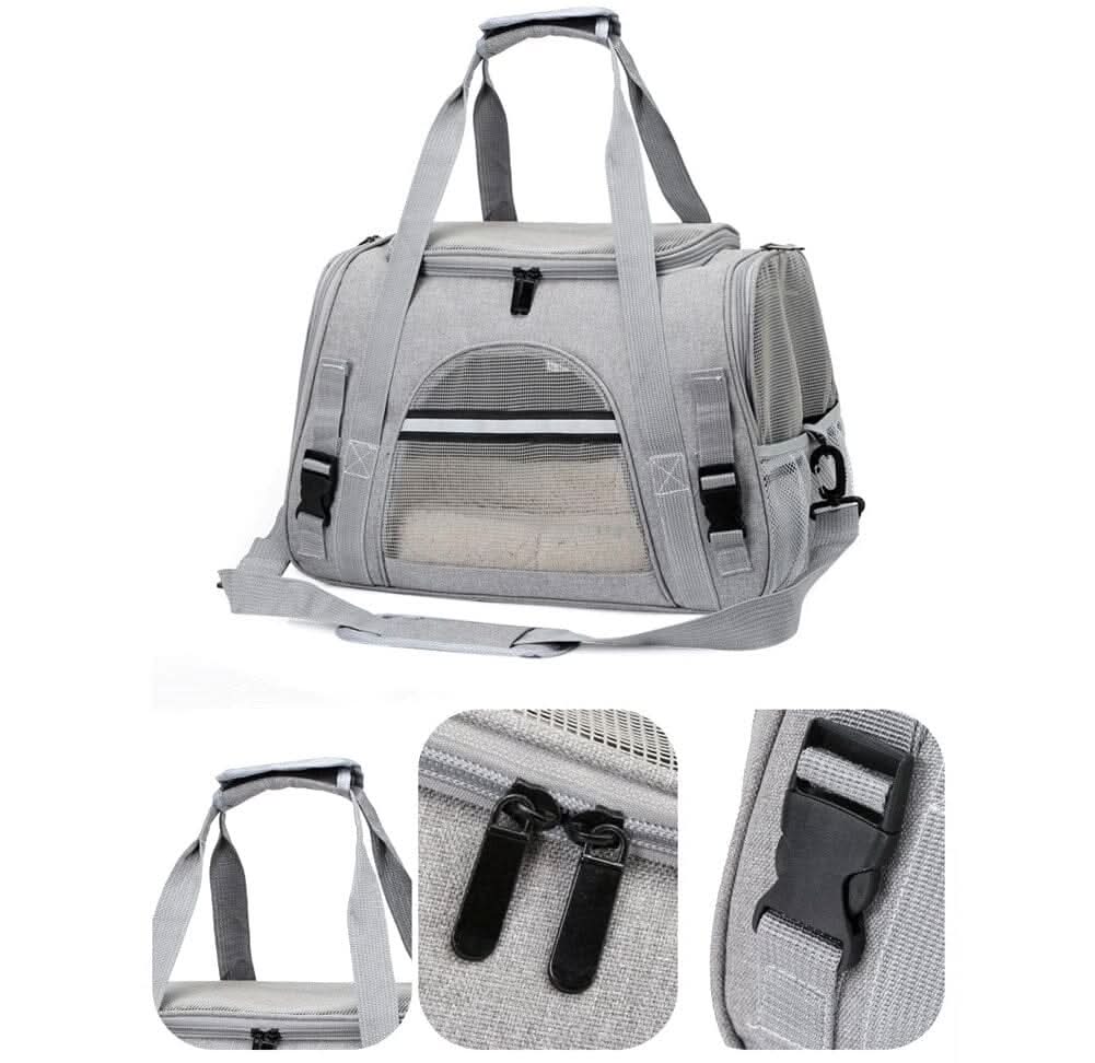Bolsa de transporte para pets pequenos em cor cinza com zíper resistente e ventilação lateral