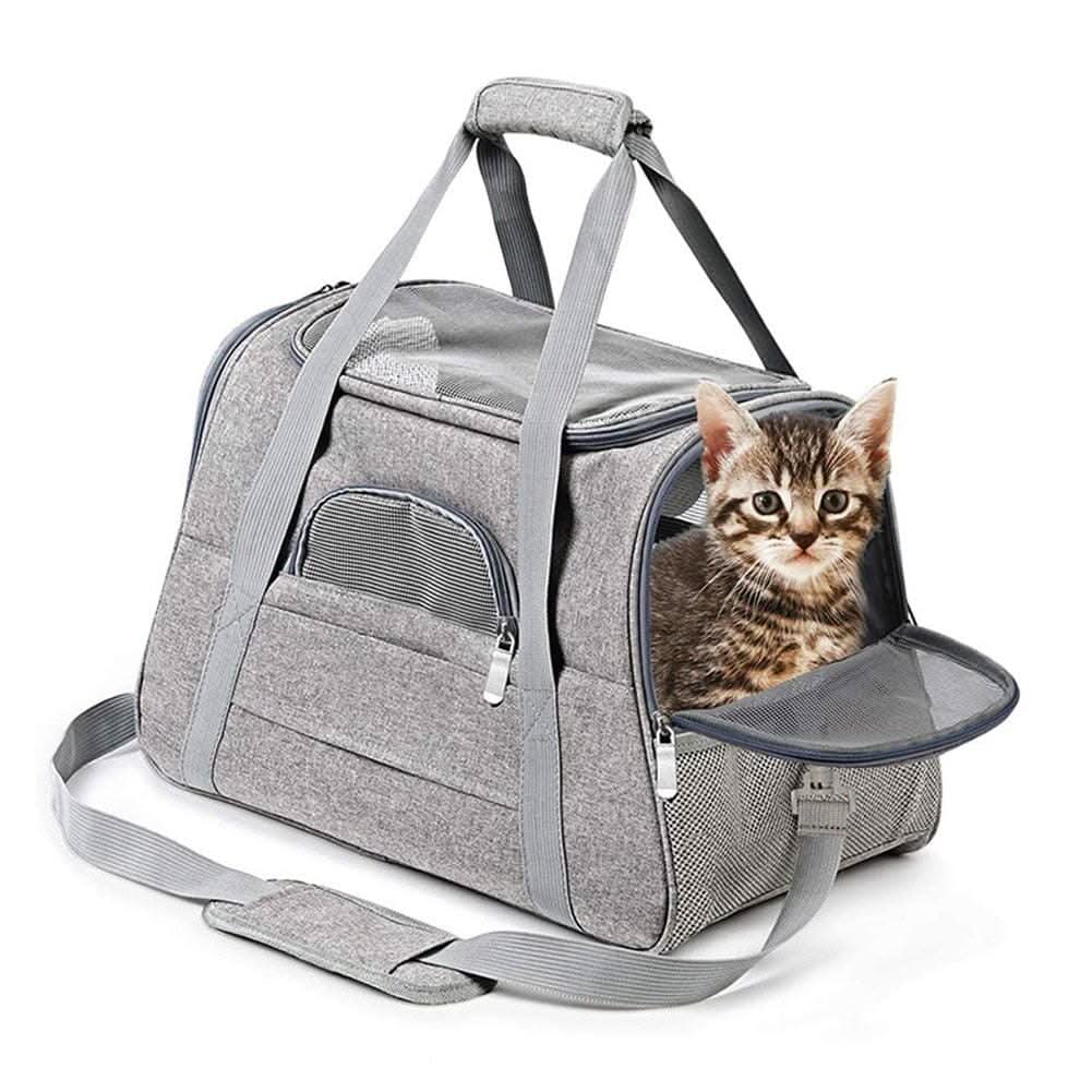Visão lateral da bolsa de transporte para pets pequenos mostrando bolso externo para acessórios