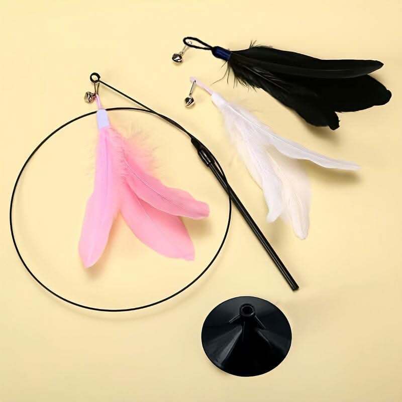 Brinquedo para gatos com ventosa transparente fixado em vidro, com pena vermelha e sino