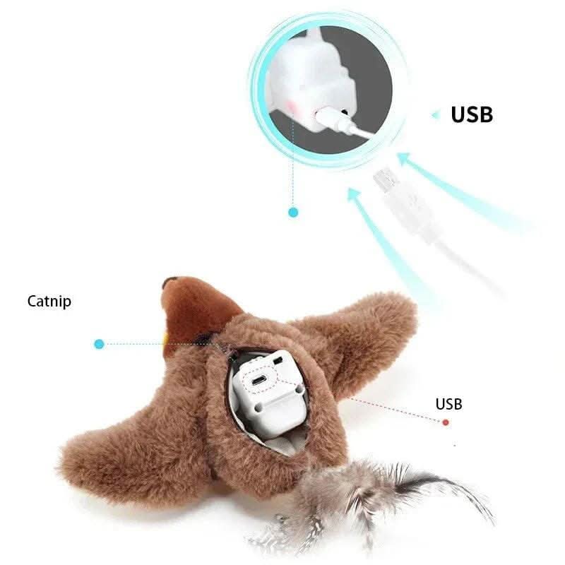 Embalagem do brinquedo passarinho para gatos com informações sobre estímulo ao instinto de caça