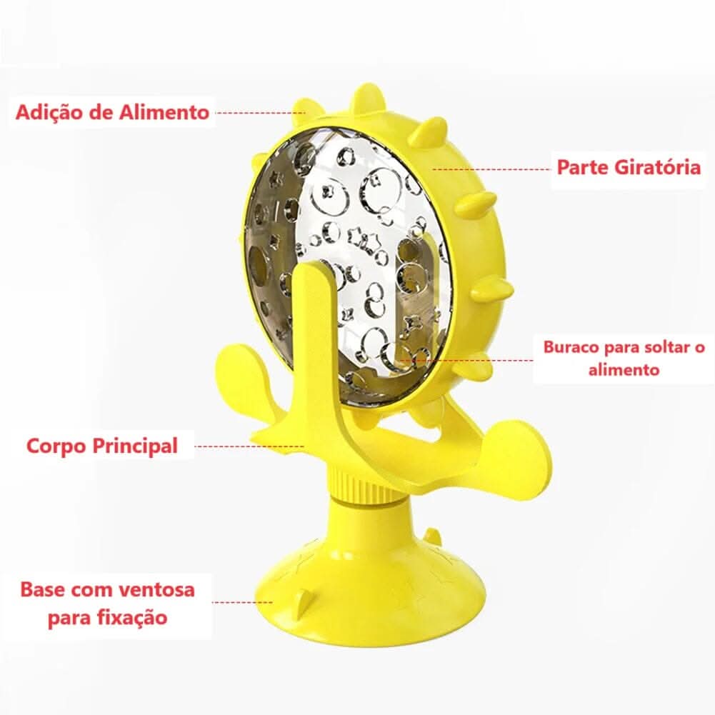 Embalagem do brinquedo interativo para gatos Madrupet destacando benefícios para estímulo mental e alimentação