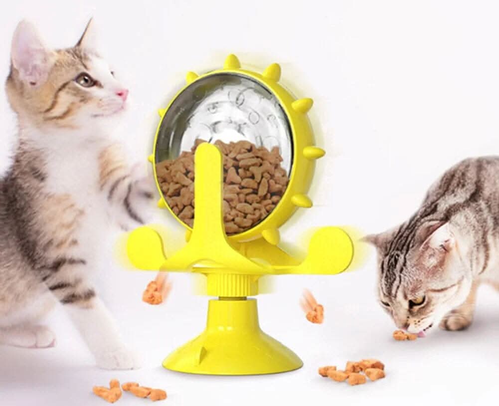 Detalhe dos compartimentos ajustáveis do brinquedo interativo para gatos para alimentação controlada