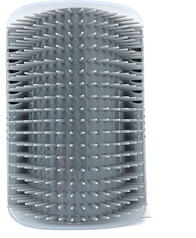 Detalhe do pente de canto para gatos com cerdas macias para escovação confortável