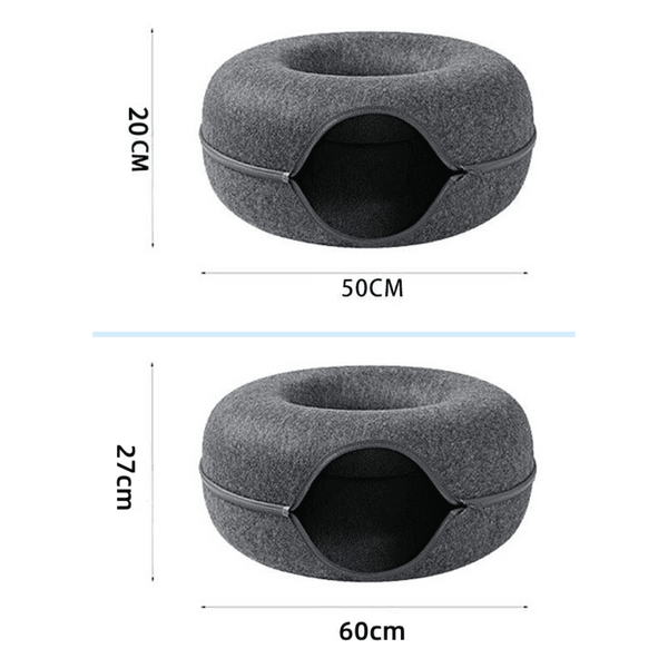 Embalagem da cama interativa túnel para gatos Madrupet com informações do produto e cuidados