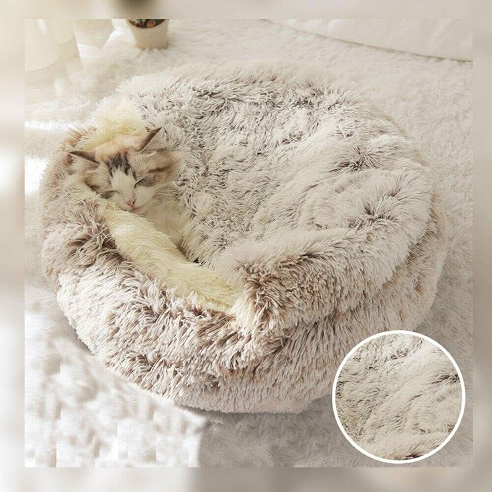 Visão superior da cama ninho para gatos mostrando o formato redondo e acolchoado