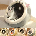 Visão lateral da cama toca para gatos mostrando estrutura acolchoada e firme