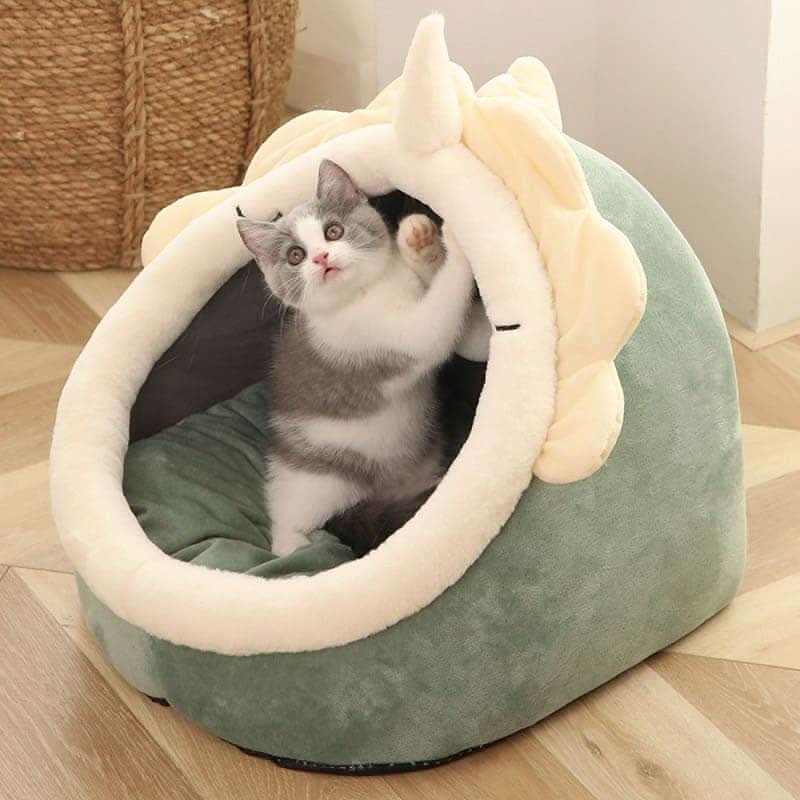 Gato branco usando cama toca para gatos em ambiente interno confortável
