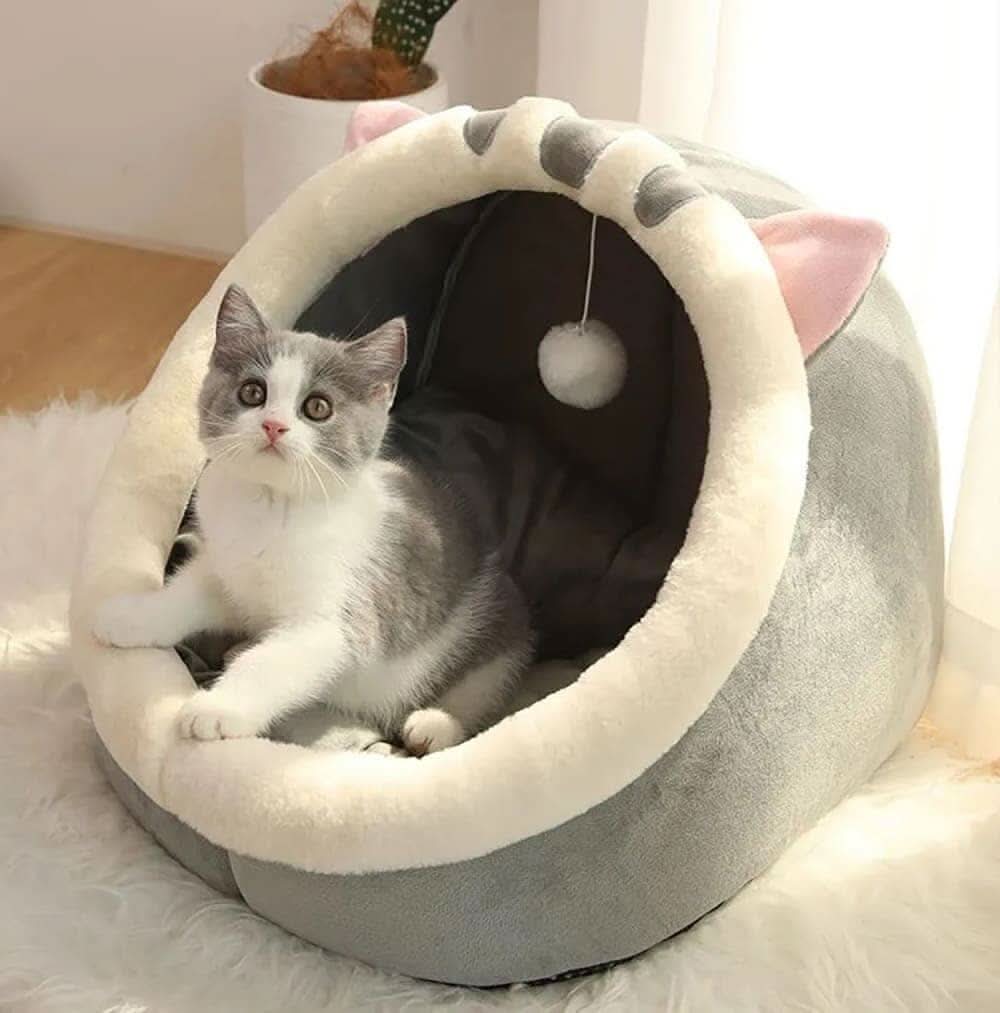 Embalagem da cama toca para gatos Madrupet com informações sobre conforto e segurança