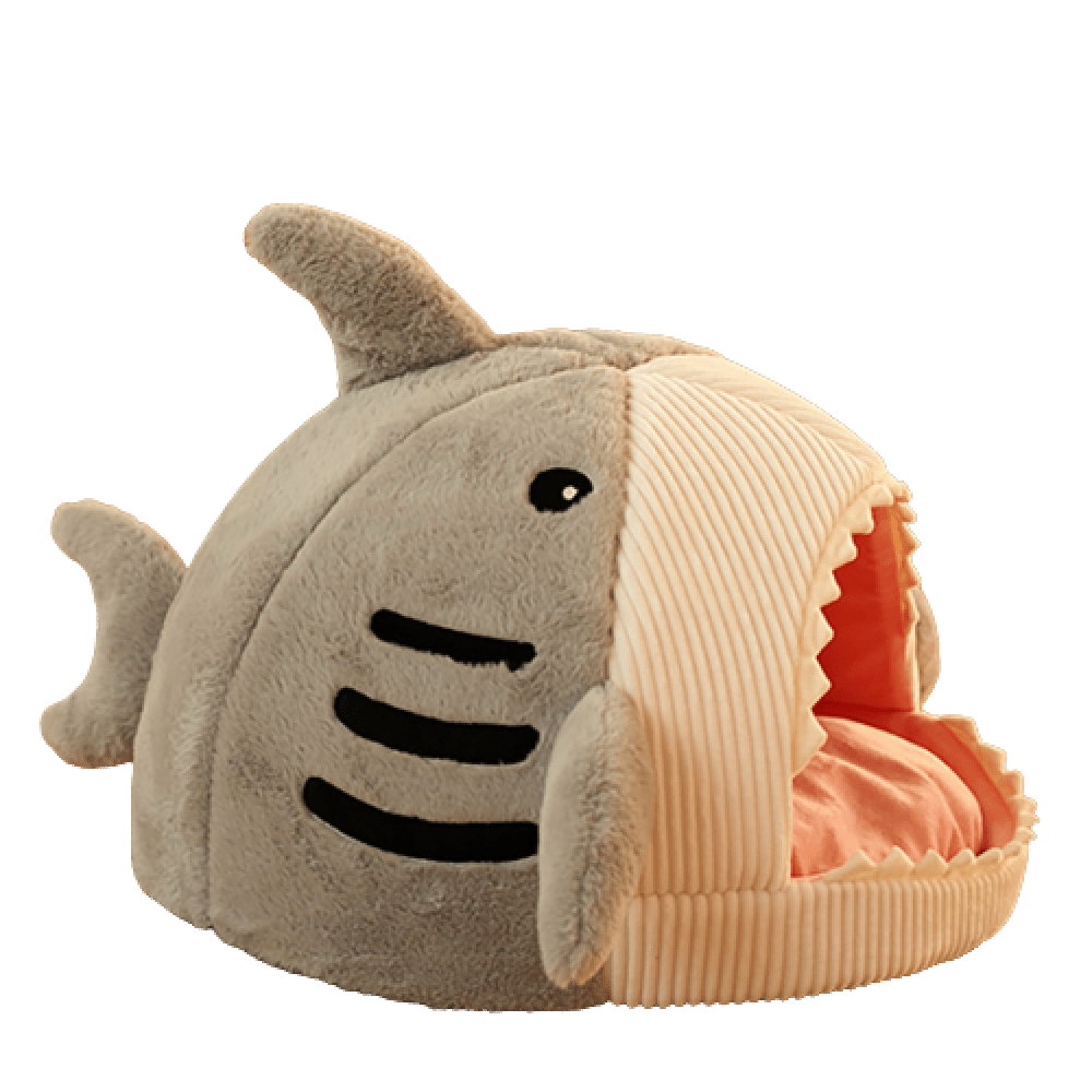 Cachorro confortável dormindo dentro da cama toca tubarão Madrupet, ambiente seguro e acolhedor para pets