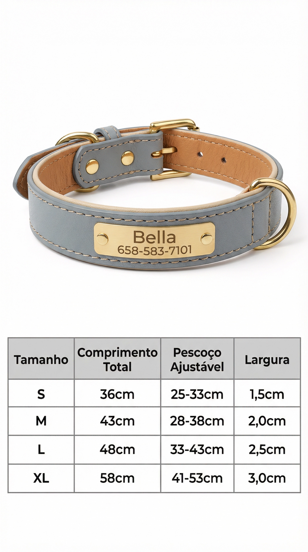 Vista superior da coleira personalizada para cachorro mostrando o ajuste de tamanho