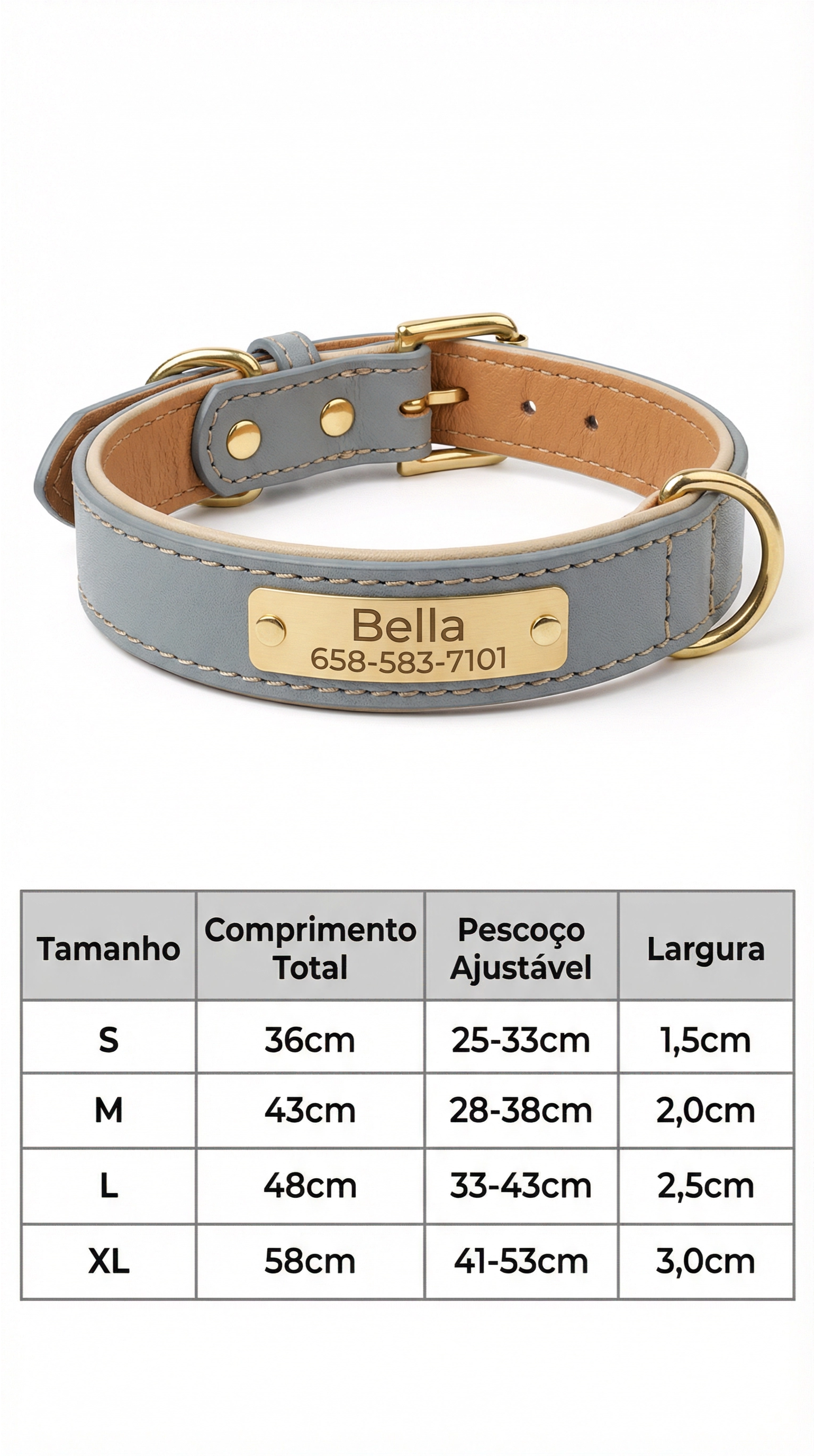 Vista superior da coleira personalizada para cachorro mostrando o ajuste de tamanho